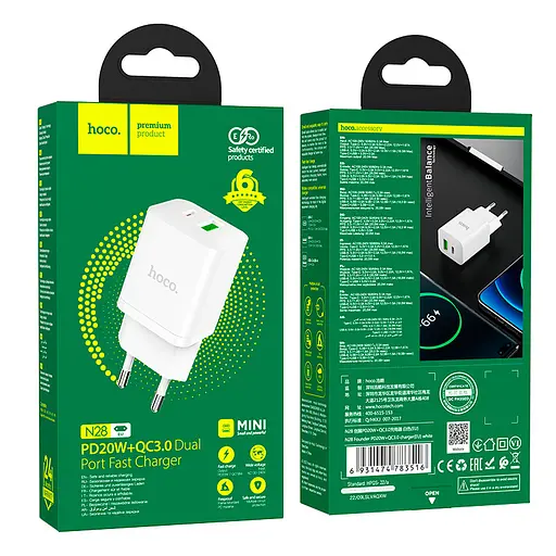 Адаптер зарядный сетевой HOCO Founder N28 1USB и 1Type-C 20W сам блок белый - фото 4