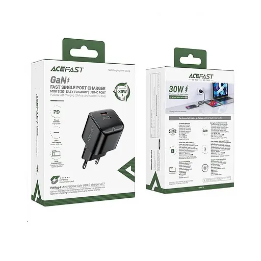 Мережевий зарядний пристрій Acefast A77 mini PD30W GaN USB-C charger чорний - фото 2