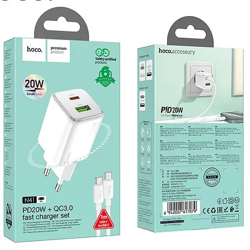 МЗП Hoco N41 Almighty PD20W+QC3.0 (1USB-A/1C) + кабель Type-C to Type-C White - фото 5