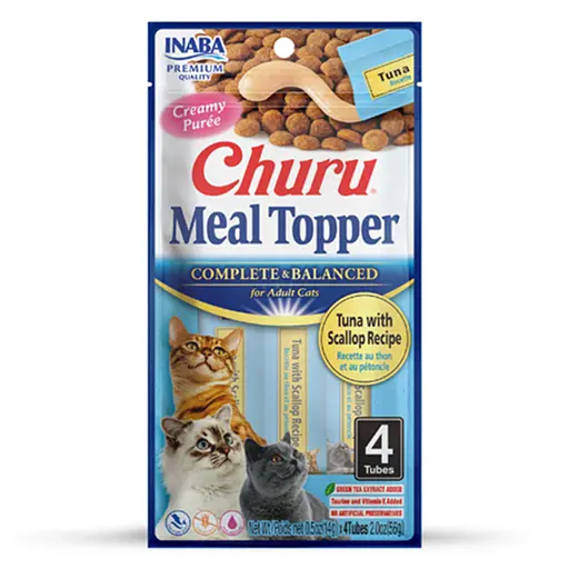 Лакомство Inaba Churu Meal Topper для кошек, кремовый мусс в стиках, с тунцем и морской расческой 4x14 г - фото 1