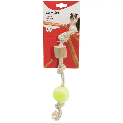 Іграшка для собак Camon шматок з кавового дерева на мотузці з тенісним м'ячем 28 см (AD703)