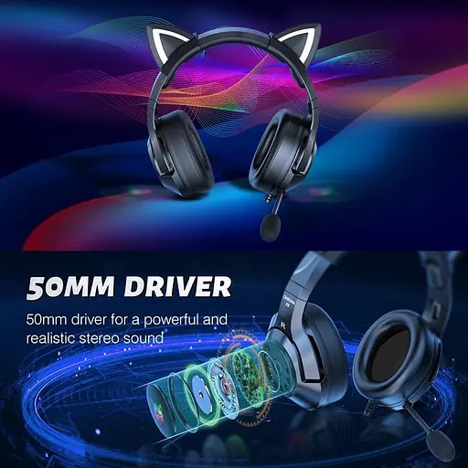 Игровые наушники с кошачьими ушками Onikuma K9 3.5 с микрофоном |Наушники для стриминга Черный - фото 4