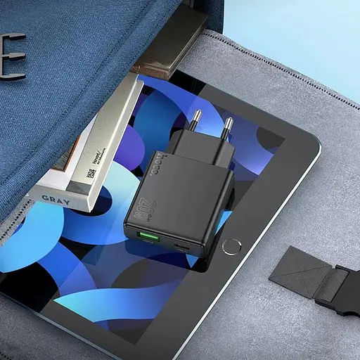 Ультратонкое двухпортовое зарядное устройство Hoco N38 Delgado Type-C 20 Вт и USB-A 18 Вт PD20W/PPS/QC3.0/FCP/AFC Black - фото 5