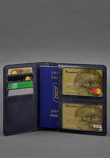 Кожаная обложка-органайзер для документов 6.1 синий Crazy Horse - фото 5