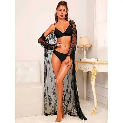 Комплект з халатом в підлогу та трусиками прозорий S/M чорний