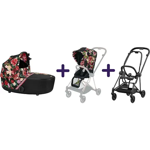 Люлька Cybex Mios Lux R Spring Blossom Dark + Комплект текстиля для прогулочного блока Cybex Mios Spring Blossom Dark + Шасси для коляски Cybex Mios LS RBA Matt Black