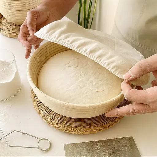 Кошик для вистоювання тіста хліба кругла з натурального ротанга з тканинним чохлом (діаметр 25 см), Kitchen Master Бежевий 87923 - фото 2