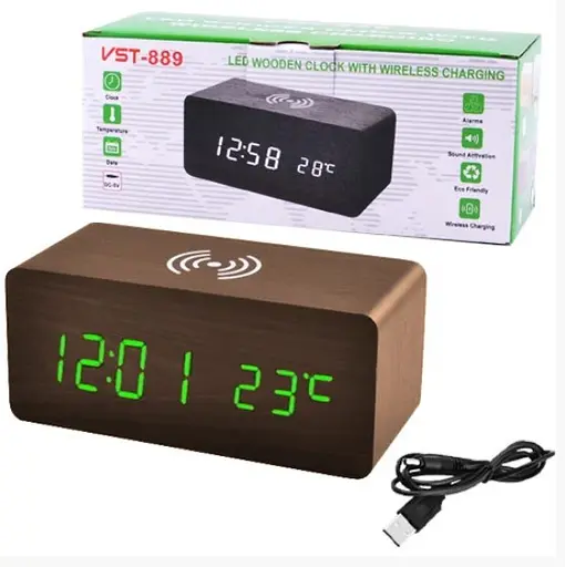 Сетевые настольные часы VST-889-4 беспроводная зарядка + температура (USB ААА) Зеленые цифры - фото 3