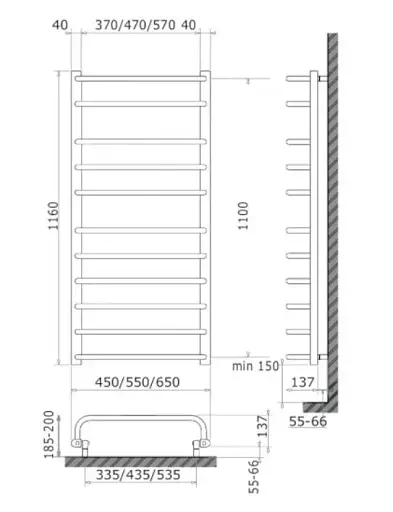 Рушникосушка електрична Heizung EU 11/55 ліва з терморегулятором 1160x550 мм 30412 - фото 2