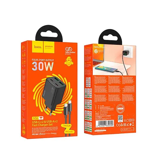Адаптер сетевой HOCO Type-C to Type-C Cable Fundador four-port charger set N56 |2USB/2Type-C, 30W/3A, PD/QC| - фото 2