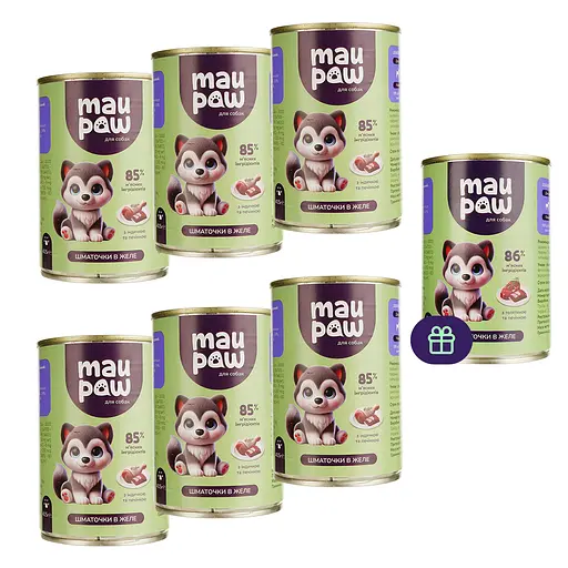 Набор влажного корма для взрослых собак MAU PAW кусочки в желе 2.905 кг (6 шт. + 1 шт. подарок х 415 г)