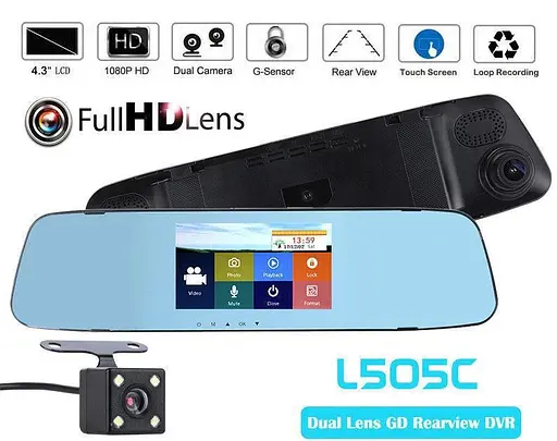 Зеркало видеорегистратор с камерой заднего вида L505C 4.3" сенсорное - фото 2