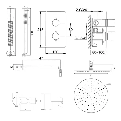 Душева система Kohlman Experience 25 black з термостатом + BOX прихованого монтажу KPL-QW432EBR25, Чорний матовий - фото 2