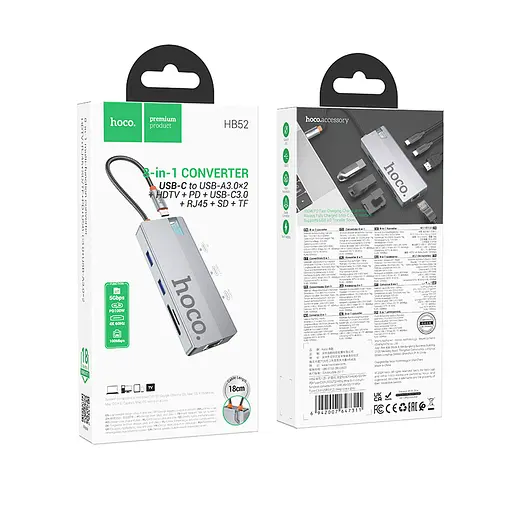 Usb-хаб Hoco HB52 Wow 8-in-1 multi-function converter (HDTV+RJ45+SD / TF+PD+Type-C3.0+Usb3.0x2) Темно-серый - фото 2