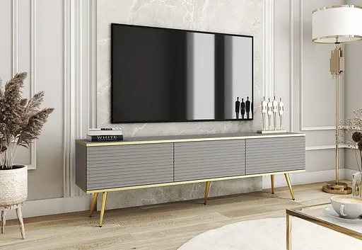 Тумба під телевізор Perfect Home Оро / Oro 3-дверна з золотими ніжками RTV175 MDF Сірий (PFH-091342)