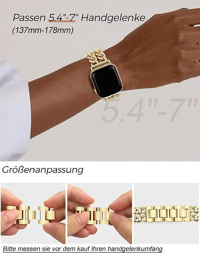 JR.DM Металевий ремінець Gold, сумісний з ремінцем Apple Watch 38 мм 40 мм 41 мм 42 мм 44 мм 45 мм 46 мм, подвійні ланцюжки - фото 2