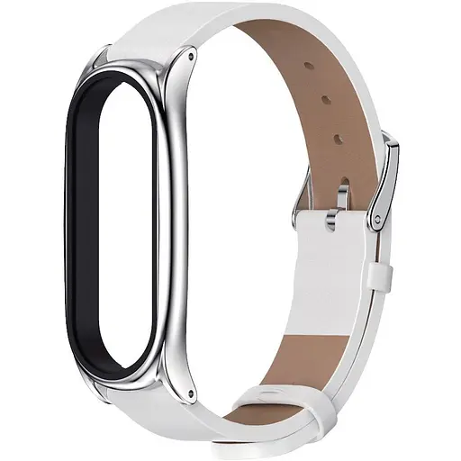 Кожаный ремешок MiJobs для фитнес-браслета Xiaomi Mi Band 5 и 6 Type B белый, держатель - серебристый