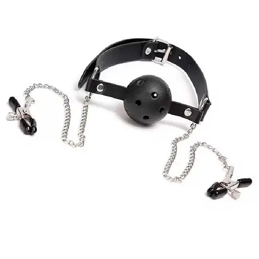 BDSM-аксессуар кляп с зажимами для сосков Черный K000766 - фото 2
