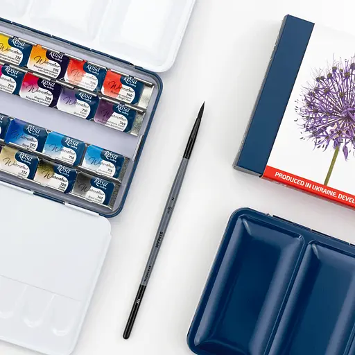 Набір акварельних фарб з пензлем BOTANICAL 28×2.5 мл кювета Індіго металевий пенал Rosa Gallery - фото 5