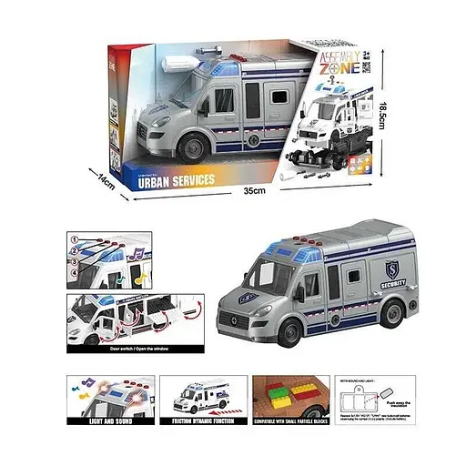 Машинка инерционная "Инкассаторская" мелодия, звуковые эффекты, подсветка, подвижные детали, отвертка, насадки YW8088D