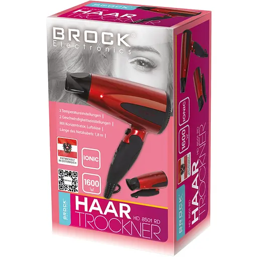 Фен BROCK HD 8501 RD дорожный/ 1600Вт/ 2 скорости/ Cool shot/ ионизация/ складная ручка/ красный - фото 2