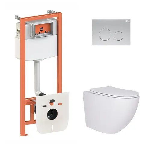 Подвесной унитаз Qtap Robin + инсталляция Qtap Nest 4 в 1 (круглая клавиша Satin), Белый - фото 1