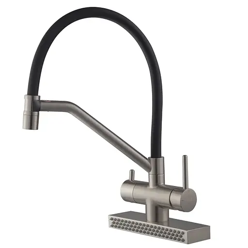 Смеситель для кухни Koer "Водопад" KB-74027-02 с черным силиконовым изливом KR5201 Нержавеющая сталь - фото 1