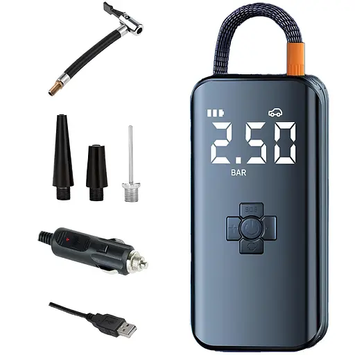 Портативний компресор з дисплеєм, ліхтарик. Акумуляторний. Живлення від прикурювача + зарядка Type-C. Функц. павербанка
