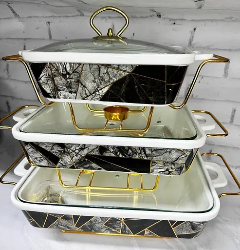 Набор из 3-х мармитов керамических прямоугольных Kitchen с крышками из стекла Витраж Золотой - фото 3