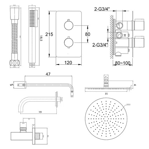 Душова система Kohlman Experience 35 chrome з термостатом + BOX прихованого монтажу KPL-QW433ER35, Хром - фото 2