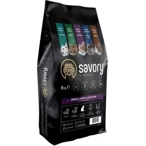 Сухой корм Savory для стерилизованных кошек со свежим ягненком и курицей 8 кг - фото 1