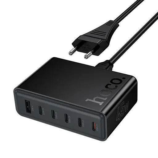 Адаптер мережевий HOCO Modern PD 6-port desktop charger C150A |1USB/5Type-C, 45W/3A, PD/QC| - фото 1