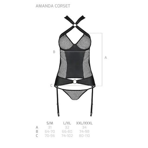 Сітчастий комплект корсет з халтером знімні підв'язки та трусики Passion Amanda CorSet black L/XL - фото 7