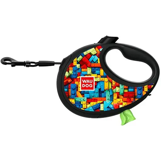 Поводок-рулетка для собак Waudog R-leash с контейнером для пакетов, рисунок "Блоки", светоотражающая лента, L, до 40 кг, 5 м