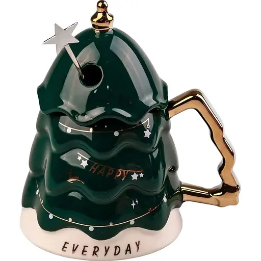 Керамічна чашка Різдвяна ялинка з кришкою та паличкою для розмішування 460 мл Зелений - фото 1