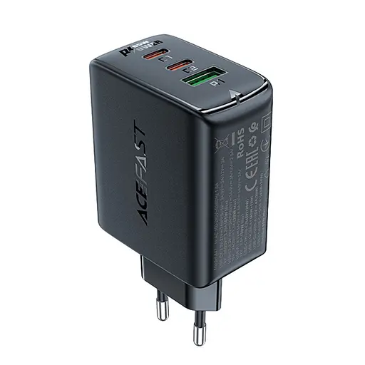 Мережевий зарядний пристрій Acefast A41 USB/2 Type-C QC PD PD65W GaN чорний - фото 1