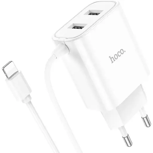 Зарядний пристрій Hoco C103A 2 USB білий з кабелем Lightning - фото 1