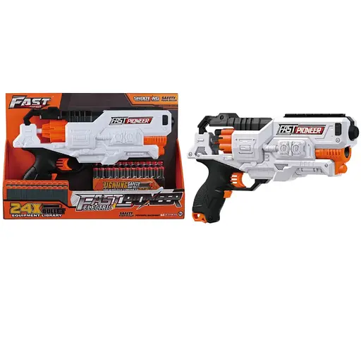 Игрушечный детский автоматический пистолет барабанного типа на батарейках с мягк. патронами (24 шт.)(34 х 21см) - фото 1