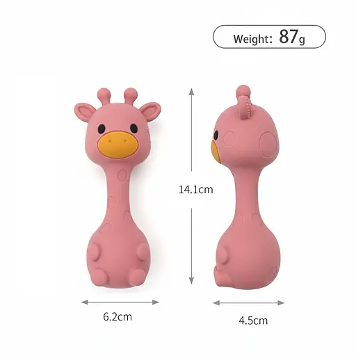 Набор детской силиконовой посуды Cheeks для прикорма на присосках из пищевого силикона темно розовый с грызунком прорезывателем-погремушкой Жираф - фото 6