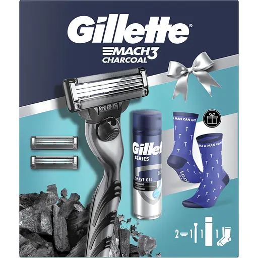 Подарочный набор Gillette: станок для бритья мужской Gillette Mach3 Charcoal с 2 сменными картриджами + гель для бритья Gillette Series Очищающий с углем 200 мл + Носки - фото 2