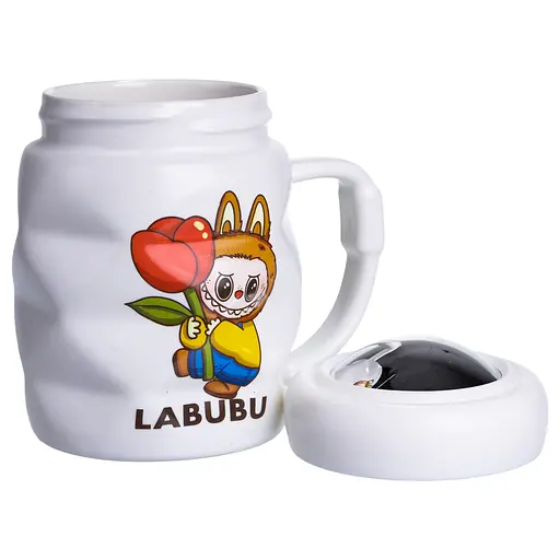 Чашка порцелянова Yiwu Labubu 400 мл з кришкою білий з жовтим Yiwu FM-54D - фото 3