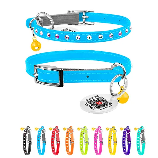 Ошейник Waudog Glamour с резинкой клеевыми стразами для кошек (ширина 9мм длина 22-30см) голубой - фото 2