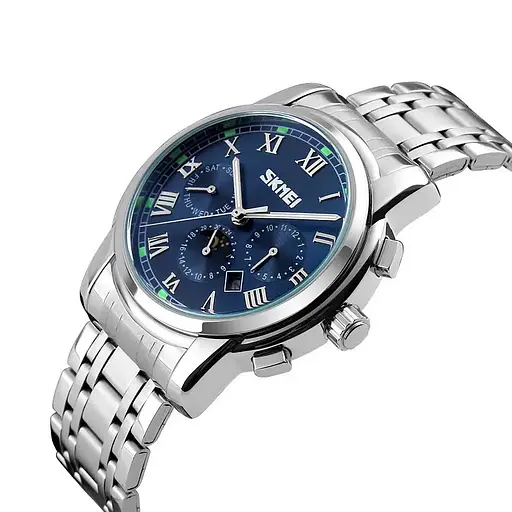 Наручные классические часы Skmei 9121 серебристые с синим циферблатом