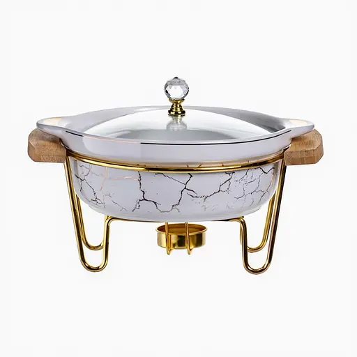 Мармит фарфоровый настольный круглый 800 (мл) мармитница с подогревом Белый мрамор Yiwu LC-710 - фото 2