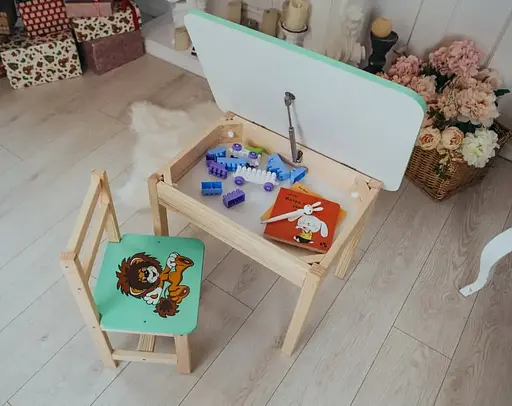 Дитячий письмовий столик та стільчик (з ящиком) для малювання та навчання (Зелений) Левеня - фото 7