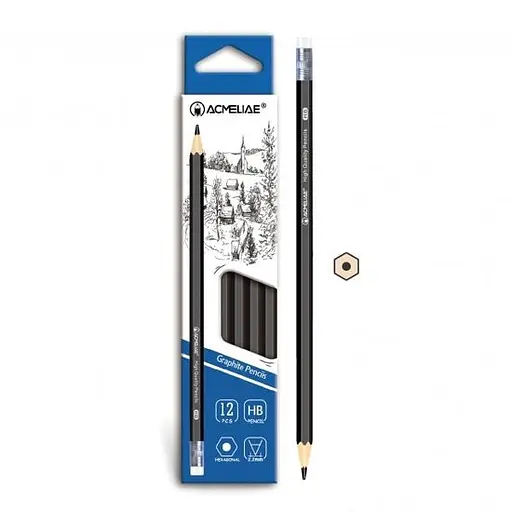 Карандаш графитовый Acmeliae, HB, шестигранный корпус, с ластиком, 2.2 мм, 12 шт.