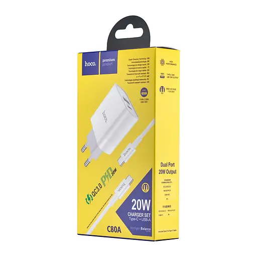 Сетевое зарядное устройство Hoco C80A Rapido PD20W + QC3.0 charger set Type-C to Type-C (EU) Белый - фото 2