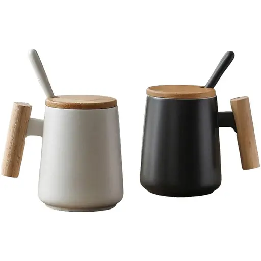 Кухлі керамічні комплект OldBro з дерев'яною ручкою кришкою та ложкою 480 мл black white - фото 1