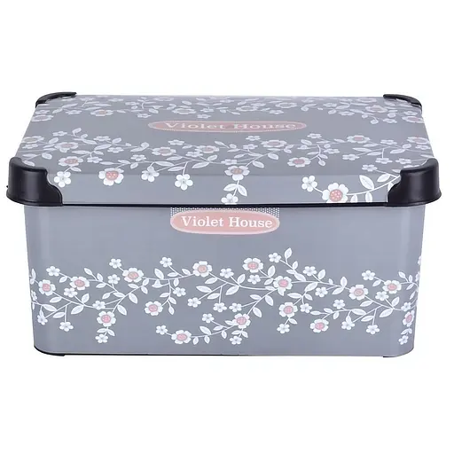 Уцінка. Кошик із кришкою Violet House Decor Antrasit Flower, поліпропілен, 10 л (0647 DECOR ANTRASIT FLOWER с/кр.)