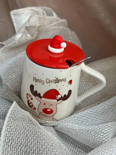 Новогодняя чашка с крышкой и ложкой С Рождеством Олень керамика 360 мл Белая с красным - фото 6
